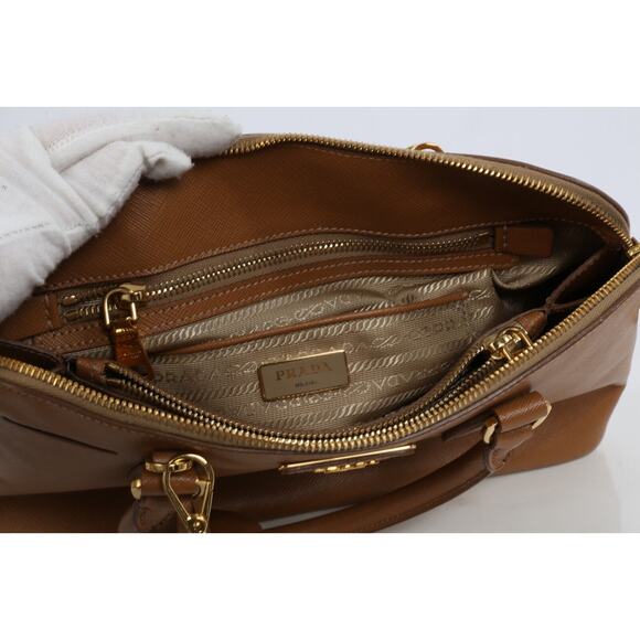 Prada Saffiano Lux Promenade Tan Brown Leather Double Zip Medium Satchel Bag - Picture 14 of 16